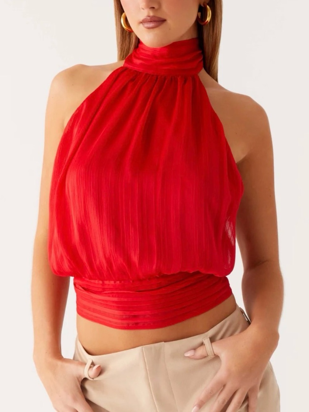 Red Halter Neck Blouson Top